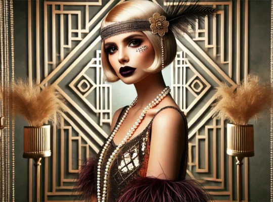 DALL·E 2025-01-03 03.56.25 - A stylish Art Deco-inspired image capturing the elegance and beauty of the 1920s. It features a flapper woman with a short bob haircut, dramatic makeup