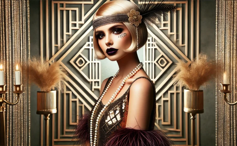 DALL·E 2025-01-03 03.56.25 - A stylish Art Deco-inspired image capturing the elegance and beauty of the 1920s. It features a flapper woman with a short bob haircut, dramatic makeup