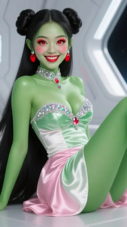 Space Girl Green Alien Cute with silk Dress