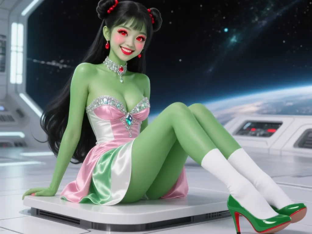 Space Girl Green Alien Cute with silk Dress