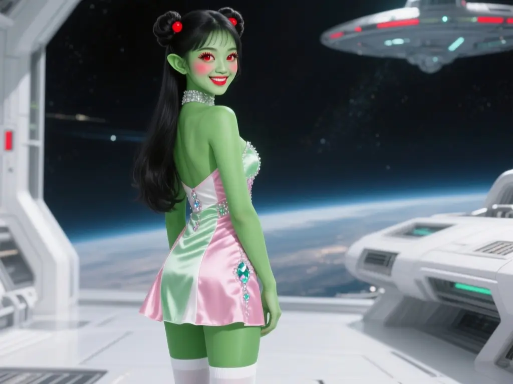 Space Girl Green Alien Cute with silk Dress