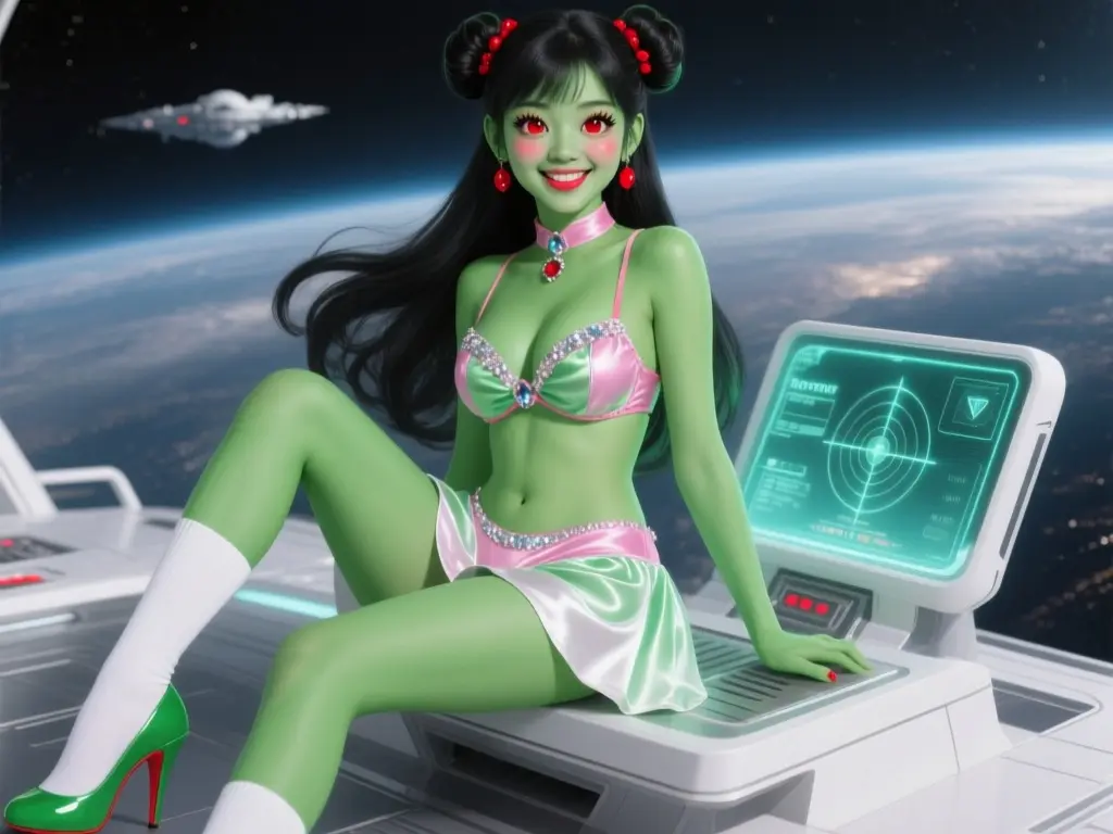 Space Girl Cute Alien Green Skin with Radar Screen