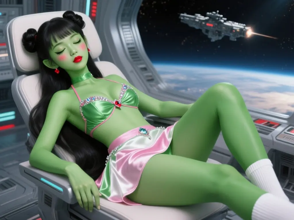 Space Girl Cute green alien sexy space girl-woman, all the skin is green, green skin, red cheeks, relaxed with very big eyes closed, large eye lashes, baby green face but mature, black long hair with buns, red lips, revealing very large big breast, with luxury princess pink-green-white silk mini-skirt-bikini with crystals, green legs with white socks, laying on space chair in a futurist space vessel facility at war in outer space.
