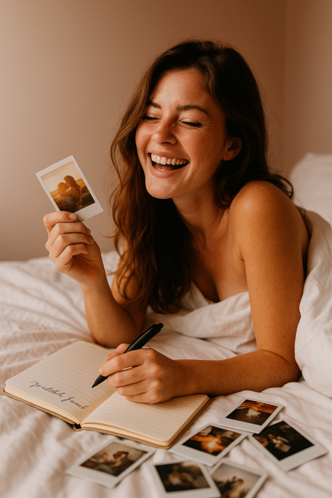 GRATITUDE JOURNAL A woman lying on her bed, half-covered in white sheets, laughing softly while holding a Polaroid photo. Around her: scattered pictures, love notes, and her gratitude journal open with handwritten memories. The room is bathed in soft pink morning light. Her body posture is relaxed, sensual, and joyfully nostalgic.