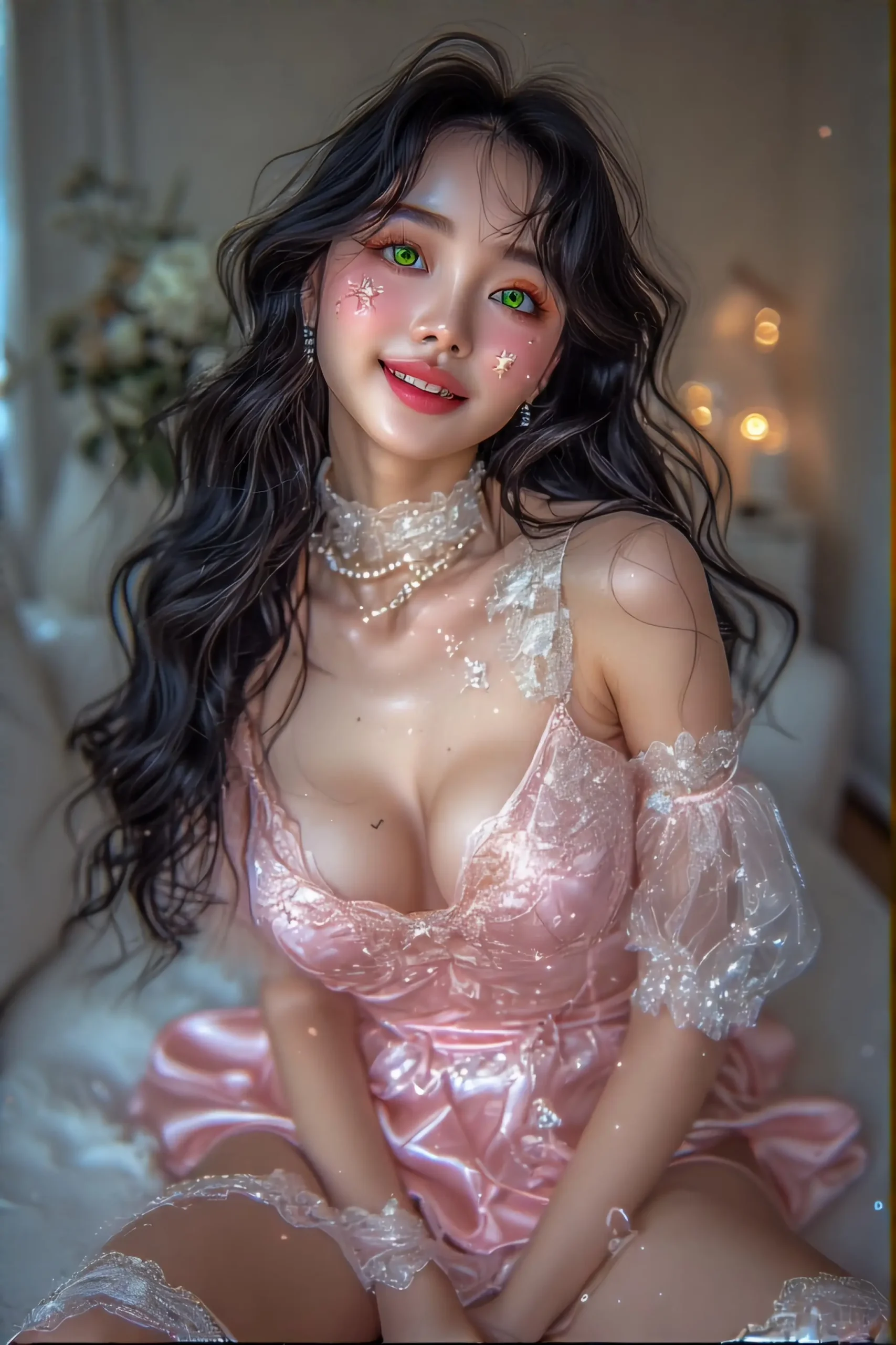 An hologram of an outstanding woman,  beautiful face, tender look, very cute, smiling, big boobs, small silk luxury pink miniskirt adorned with lace, ethereal long black hair, in the livingroom, with detailed elements in white, contrasting with the colorful subject. green eyes, smiling, secure, tender look. silver shoes. stars makeup.