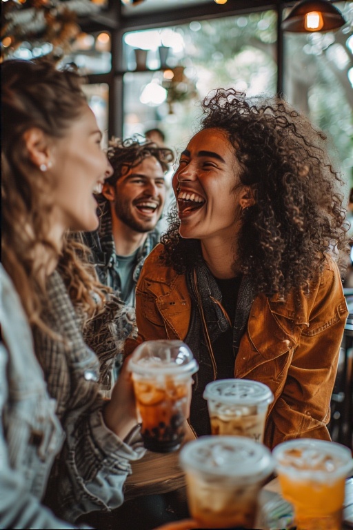 A spontaneous candid shot of a stylish group of friends laughing in a cafe, mid-movement, no direct eye contact with camera, natural joyful vibes, iced coffees, 2025 casual lifestyle fashion, natural light, motion blur