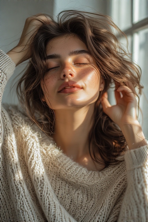 A soft and intimate portrait of a woman with hands in her hair, cozy indoors, dreamy lighting from a nearby window, oversized sweater, natural makeup, peaceful expression, clean minimalist 2025 aesthetic, warm muted tones