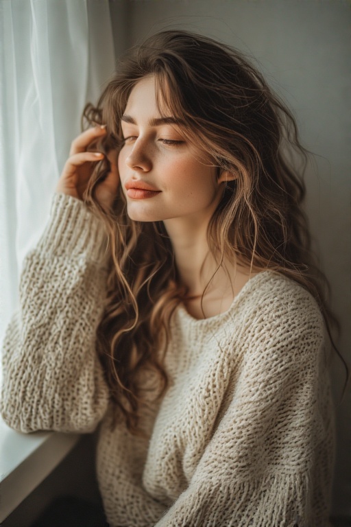 A soft and intimate portrait of a woman with hands in her hair, cozy indoors, dreamy lighting from a nearby window, oversized sweater, natural makeup, peaceful expression, clean minimalist 2025 aesthetic, warm muted tones