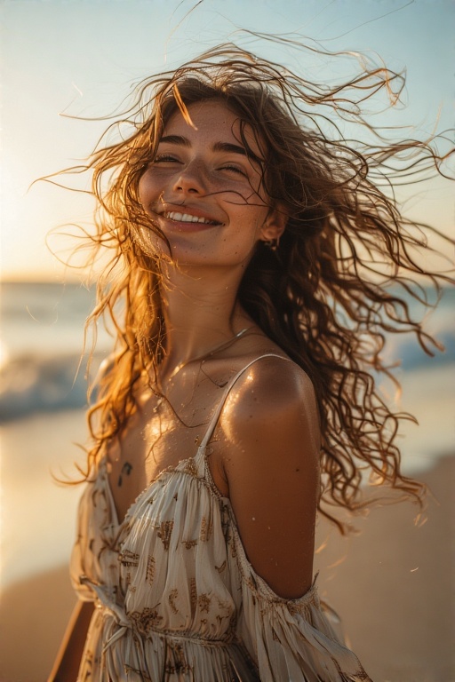 A playful young woman flipping her hair dramatically at golden hour on the beach, wearing a flowing boho dress, glowing skin, wind in motion, cinematic lighting, carefree and radiant, ultra-modern 2025 beach aesthetic