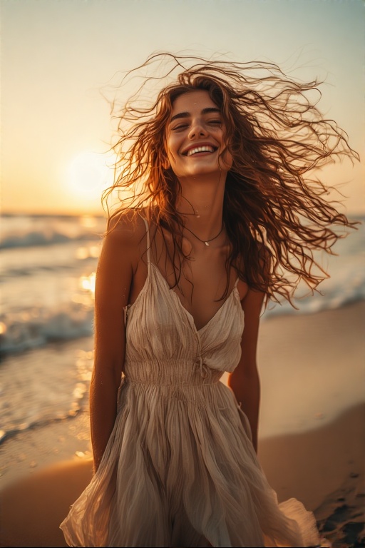 A playful young woman flipping her hair dramatically at golden hour on the beach, wearing a flowing boho dress, glowing skin, wind in motion, cinematic lighting, carefree and radiant, ultra-modern 2025 beach aesthetic