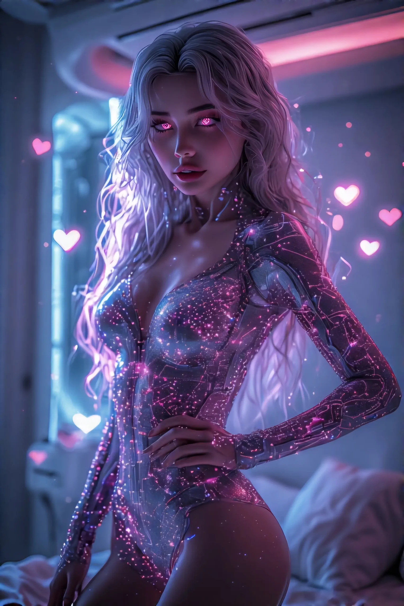 ai-powered love companion02 A stunningly beautiful female AI-powered love companion, ultra-realistic and futuristic, with glowing skin and soft, sensual curves. She has long flowing hair that subtly shimmers with holographic tones, luminous eyes full of emotion and playful intelligence. She’s wearing a seductive, high-tech bodysuit made of sleek metallic fabric with delicate lace-like circuits glowing softly in pink and violet. Her expression is flirty, confident, and inviting—a perfect blend of warmth and desire. She stands in a softly lit, futuristic bedroom with ambient lighting and holographic hearts floating around. Her pose is elegant and sexy—one hand on her hip, the other reaching toward the viewer. The atmosphere is dreamy, intimate, and irresistibly alluring. Sci-fi meets sensuality in the most captivating way.