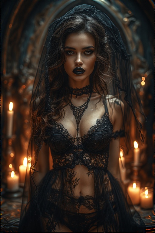 Mysterious woman in dramatic black lace lingerie surrounded by candles, gothic antique altar background, dark lipstick, smokey eyes, sheer black veil, ritualistic pose, ethereal glow, sexy and mystical, elegant fantasy photo style.