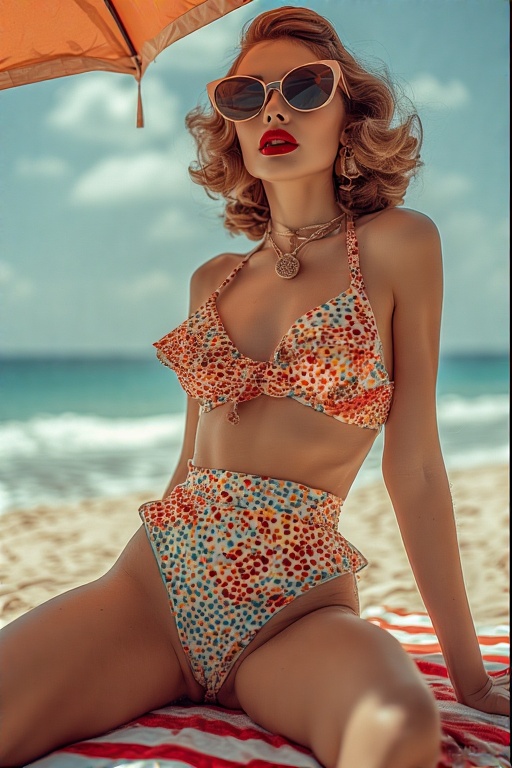 A retro-inspired pin-up style model in a high-waisted bikini with bold prints (polka dots or florals). She’s posing on a striped beach towel under a large umbrella, with vintage cat-eye sunglasses and red lipstick. The look is playful, curvy, and elegant—perfect for a 1950s glam vibe. The background includes sunny skies and retro beach elements. bikini types