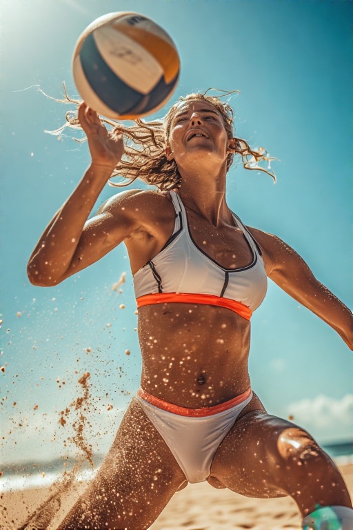 An athletic female model in a sporty bikini, caught mid-motion playing beach volleyball. Her bikini has a racerback top and supportive bottoms. She’s glowing with energy, her muscles defined, and her expression is fierce yet joyful. The scene is active with sand in the air, vibrant sunlight, and a carefree summer vibe bikini types