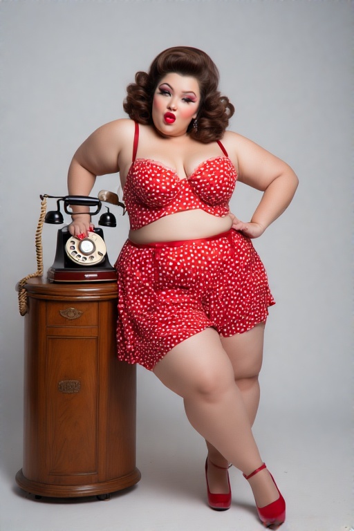 etro-style pin-up model wearing red polka dot lingerie and garter belt, posing next to a vintage telephone, 1950s hairstyle, playful wink, exaggerated eyeliner, high heels, cheeky attitude, soft studio lighting, fun and nostalgic yet sexy.