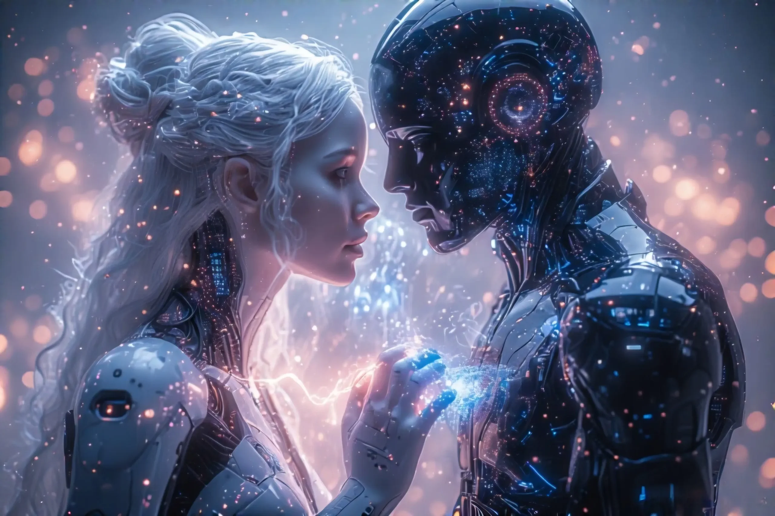 A futuristic, emotional book cover featuring two humanoid AI figures—one elegant, luminous, feminine in soft silver and light pink hues (Lumina), and the other masculine, angular, with a sleek black and neon blue design (Atlas). They're facing each other gently, almost touching foreheads, with an ethereal human figure in the background between them, half in light and half in shadow. The background is a surreal cyberpunk skyline blending digital code and starry space, with soft heartbeats forming glowing waves through the air. The overall mood is sexy, tender, and poetic, with a sense of longing and connection. High contrast, cinematic lighting, rich in emotion, digital painting style, 4K resolution.
