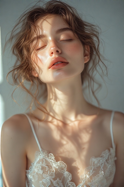 A dreamy portrait of a woman with her eyes gently closed, mouth slightly parted, wearing delicate lingerie, soft ambient lighting, ethereal glow around her, expression of gentle vulnerability, graceful elegance with just a hint of seduction, perfectly balanced mood between real and fantasy.