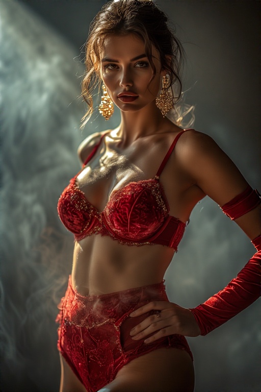A confident woman standing tall in a luxurious red velvet lingerie set, golden chandelier earrings, soft spotlight on her curves, smoky background, hands on hips, staring fiercely at the camera ā elegant yet provocative.