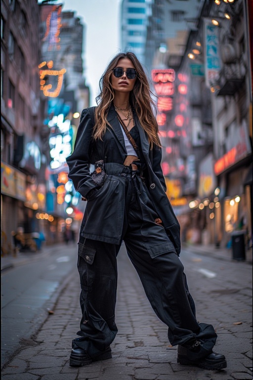 Instagram Tik Tok poses. A confident Gen Z woman striking a bold power stance in an urban cityscape, wearing oversized blazer, wide-leg pants, and sunglasses, neon lights in the background, 2025 street style, confident expression, full-body shot, fashion editorial vibe