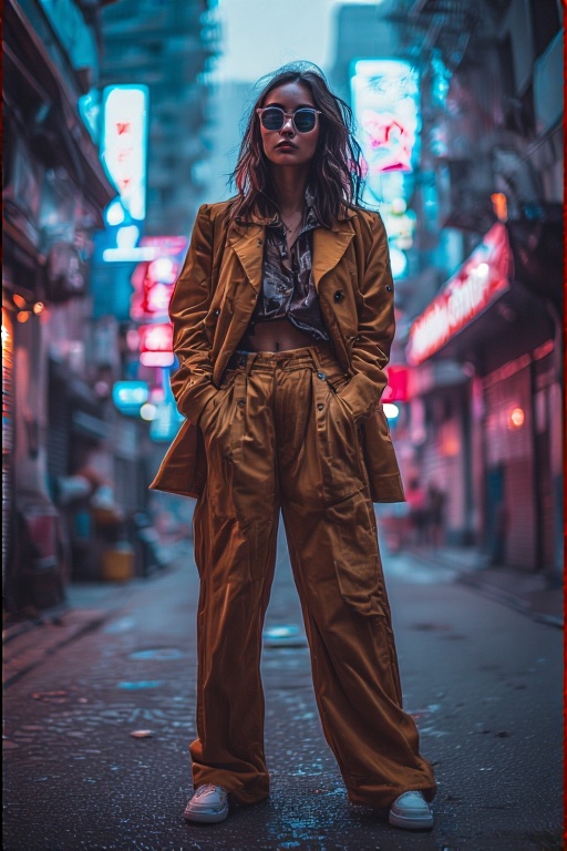 Instagram Tik Tok poses. A confident Gen Z woman striking a bold power stance in an urban cityscape, wearing oversized blazer, wide-leg pants, and sunglasses, neon lights in the background, 2025 street style, confident expression, full-body shot, fashion editorial vibe