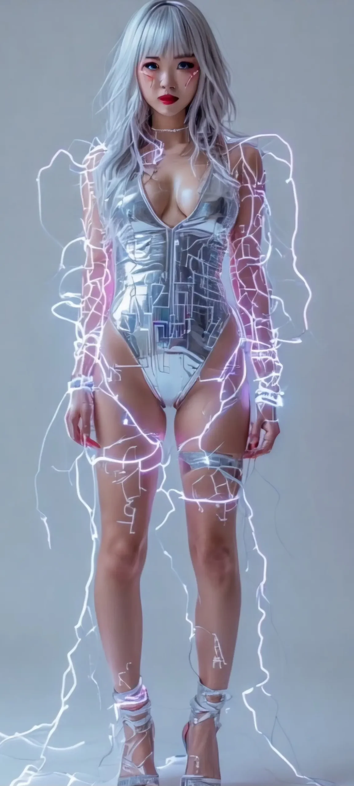 Cosplay Anime Sci Fi Dress 01 AI Seductress – The Robot That Broke Hearts A futuristic female android with glowing blue LED lines over a tight chrome bodysuit, seductive pose, silver skin with circuitry texture, long sleek hair, high heels, in a cyberpunk city with neon lights, sensual expression, sci-fi background — style: hyperrealistic, ultra-detailed, cinematic lighting