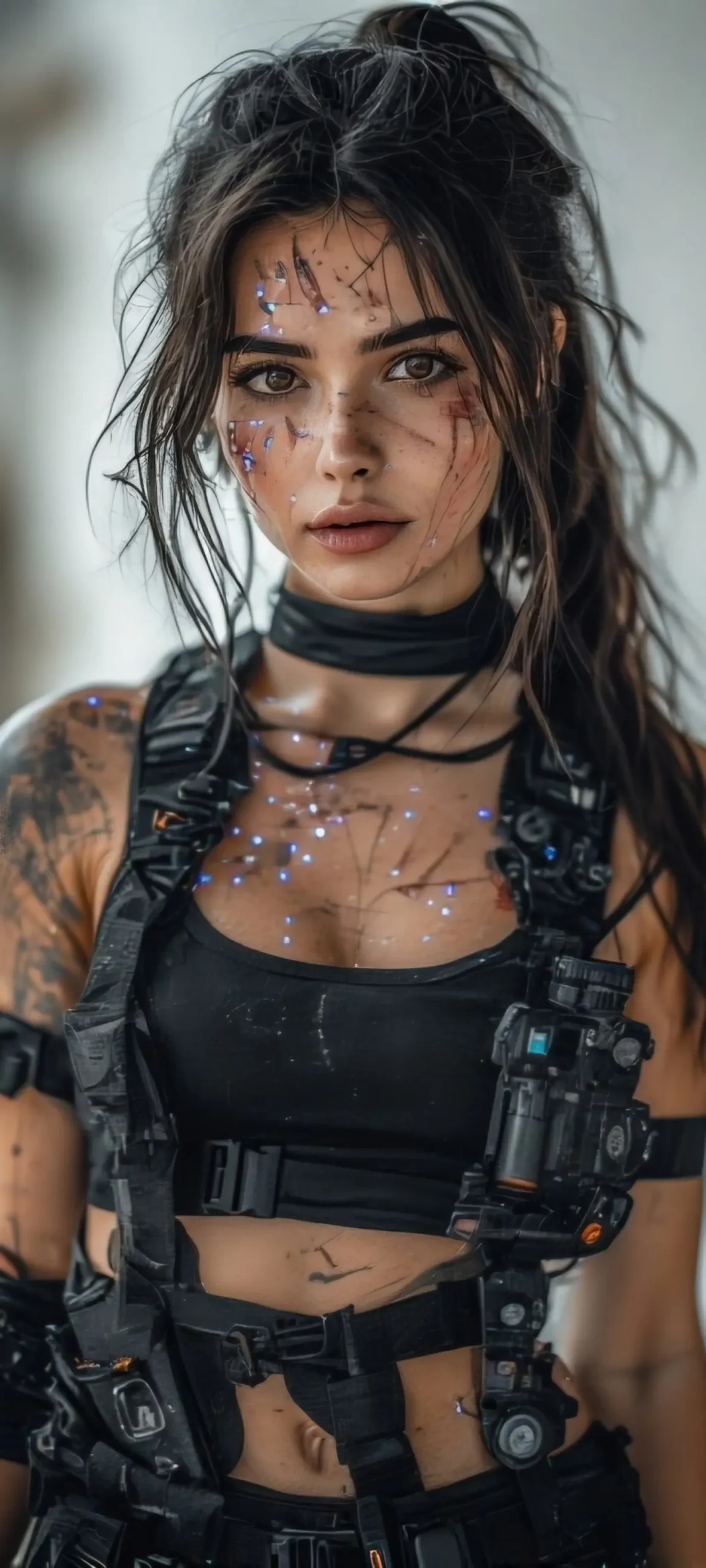 Biohacker Beauty – Post-Apocalyptic Queen
Tough anime girl with cybernetic arm, messy ponytail, scars and glowing eyes, black strappy armor outfit, standing in a desert with destroyed tech, cool expression, wind blowing debris — style: dystopian anime, gritty and sexy, mad waifu energy