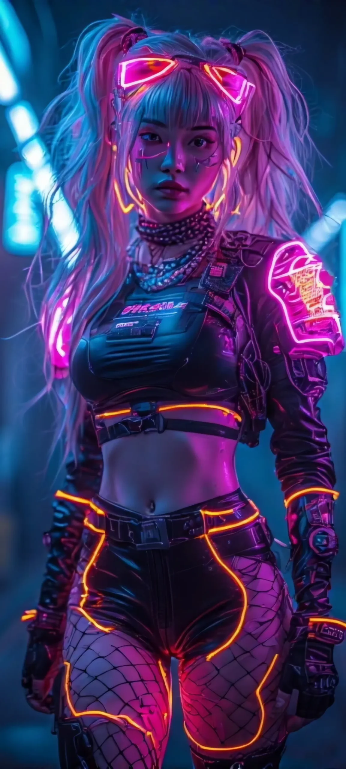Neon Bounty Hunter – Cyberpunk Style.
Fierce anime girl in neon cyberpunk outfit, black crop top with glowing armor plates, purple highlights in hair, glowing cyber eyes, futuristic city backdrop with rain and neon signs, tight pants, anime battle pose — style: cyberpunk anime, badass waifu, dynamic action frame.