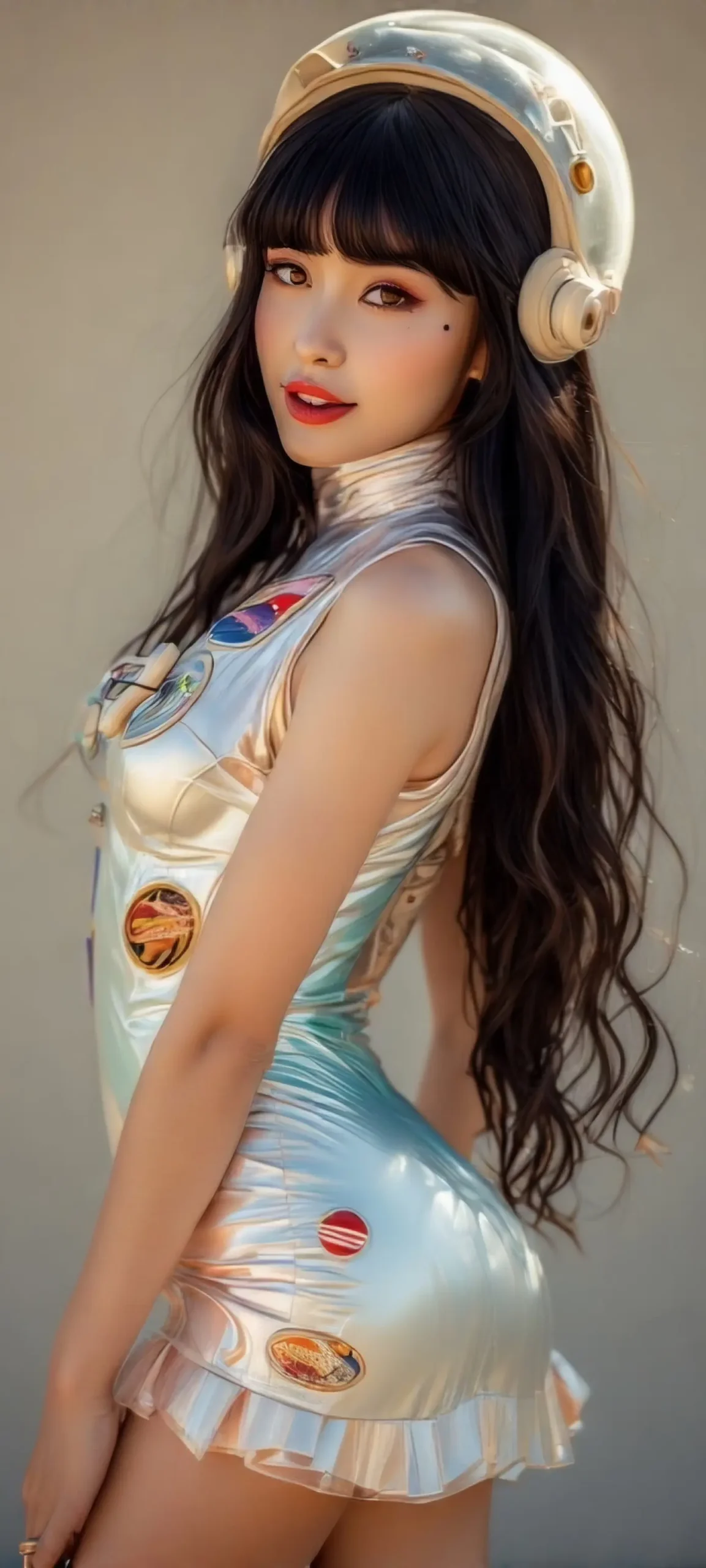 Retro Space Doll – 60s Sci-Fi Bombshell.
Kawaii anime girl in pastel mini-dress with shiny boots, pink bubble helmet, cheerful wink, sparkly star earrings, standing on a colorful alien landscape, vintage rocket behind her — style: retro anime, sparkly space idol, cute pin-up inspiration