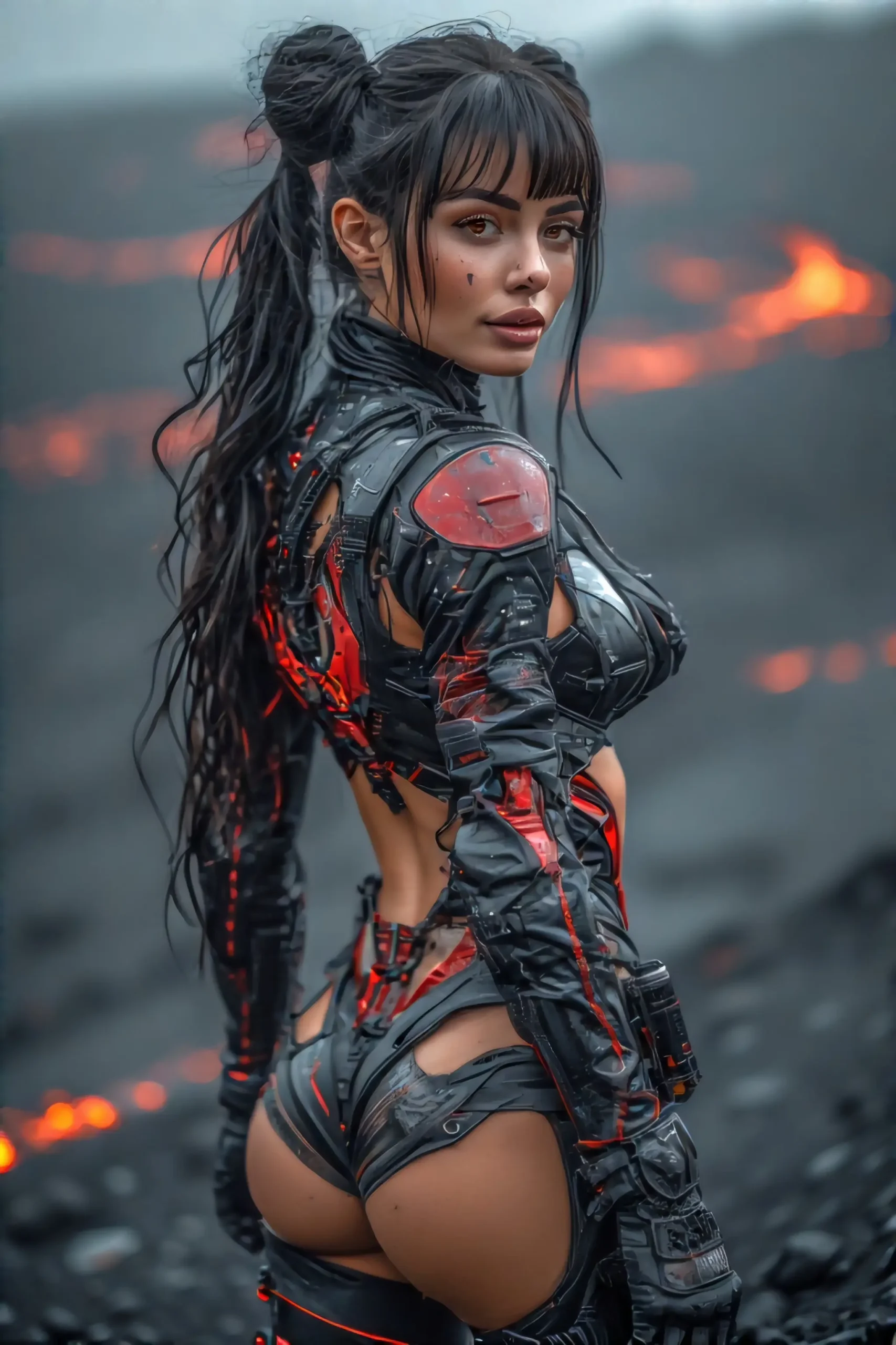 Volcanoes gone wild. A sexy woman in a high-tech, tight-fitting, black and red heat-resistant tactical bodysuit with asymmetrical cuts, open back, high leg lines, reinforced joints, flameproof material, set in a volcanic ash landscape, cinematic lighting, futuristic survival gear aesthetic, ultra-detailed, cyberpunk tone, fierce expression, glowing lava in the background, Mad Max meets sci-fi elegance
