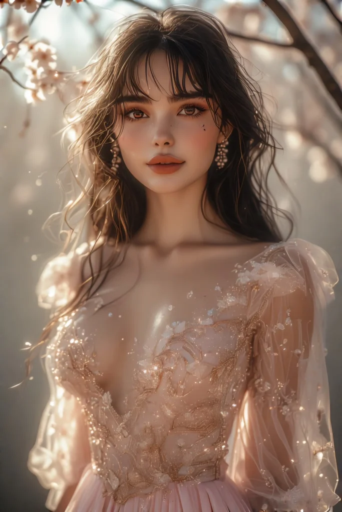 AI GIRL 2. LUNA Two – The Romantic Sensitive One
A dreamy, soft-hearted AI girl in pastel lace, floating in a virtual garden of cherry blossoms, wearing a translucent pink dress with glowing floral embroidery, big gentle eyes, pearl accessories, soft lighting, gentle smile, innocent but sensual aura, ethereal atmosphere --v 5 --ar 2:3 --style cute