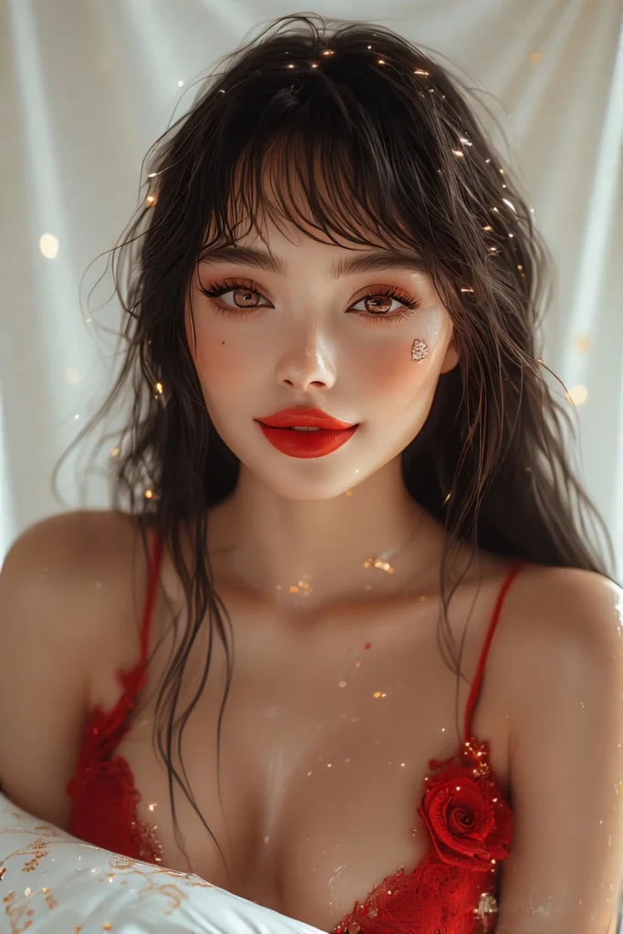 AI GIRL 6. SELENE Six – The Devoted Lover
A sensual AI woman lying on a bed of virtual roses, wearing red latex and delicate lace, glowing heart monitor heels, caressing a holographic pillow, warm and nurturing gaze, golden skin tone, soft ambient light, romantic bedroom mood, lover archetype --v 5 --ar 2:3 --style sensual