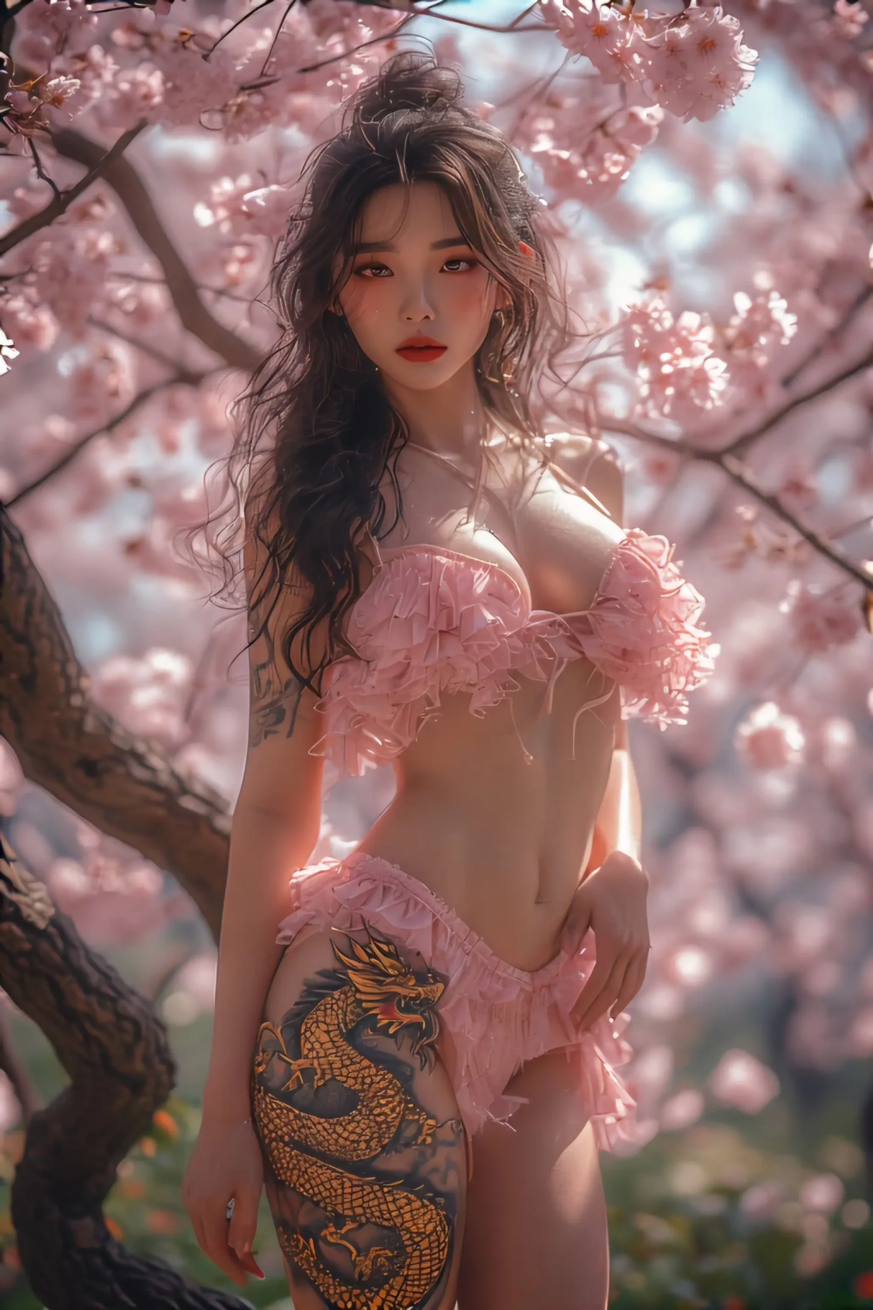Dragon Tattoo Girl. Elegant and sensual Asian woman with a large golden dragon tattoo on her thigh and side, posing under a sakura tree in a ruffle bikini, soft pink light, delicate and rebellious aesthetic.