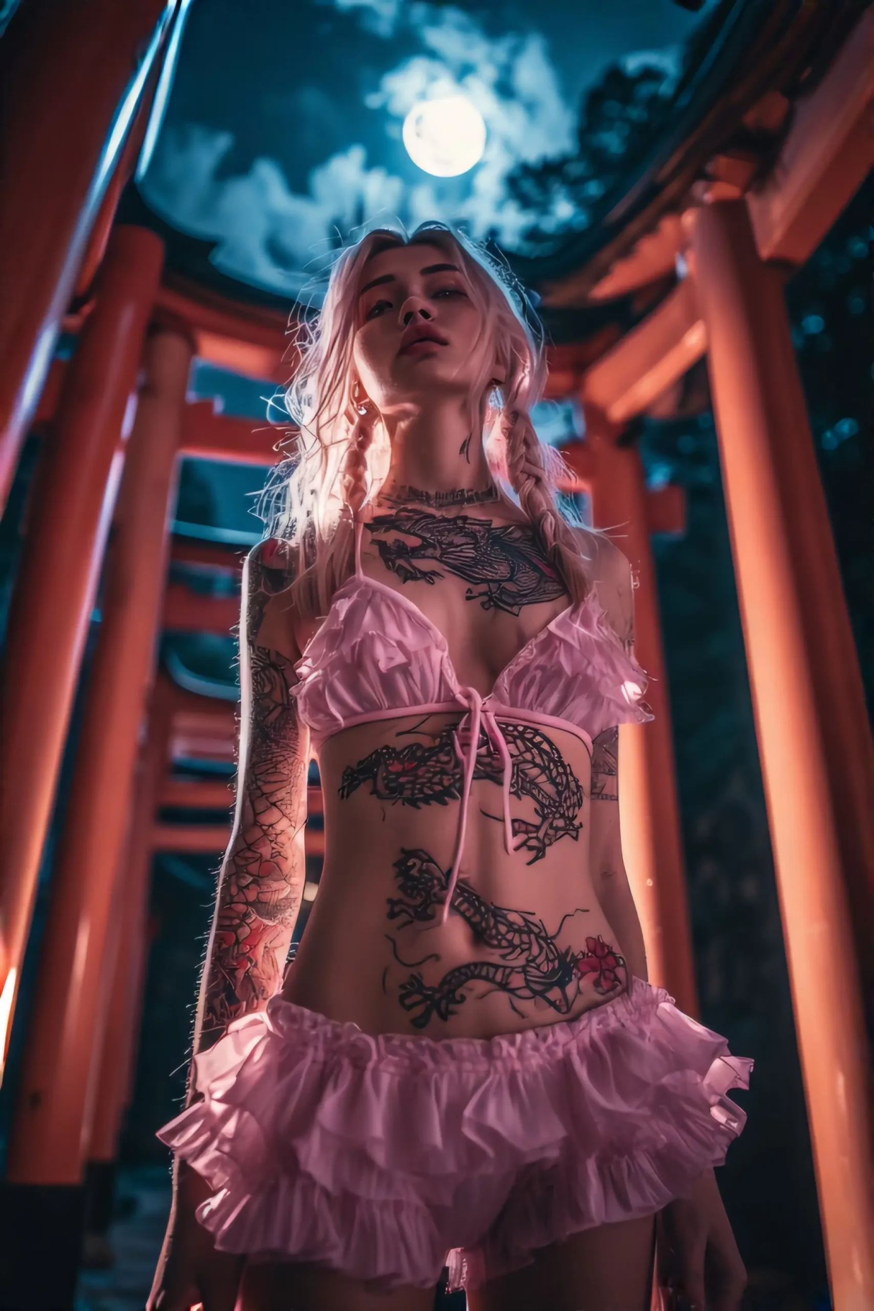 Dragon Tattoo Girl. Stylized aesthetic photo of a dragon tattoo girl in pastel pink ruffle bikini, standing beneath torii gates, moonlight casting shadows, delicate and powerful energy.