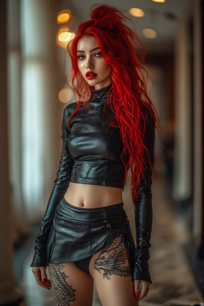 red haired dragon tattoo model black leather miniskirt