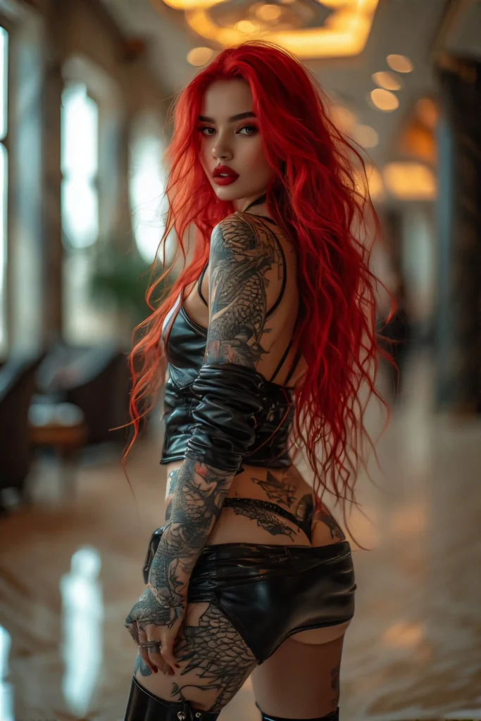 red haired dragon tattoo model black leather miniskirt