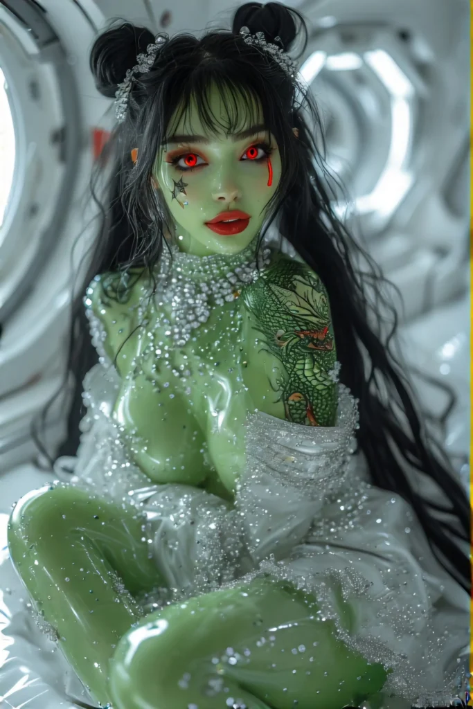 Space Girl Green Lovely Alien. A stunning green-skinned alien woman with big red eyes and black panda-style shadow makeup, smiling tenderly. She wears a silk luxury miniskirt adorned with diamonds, silver shoes, and stars glittering as makeup. Ethereal black hair in two buns flows behind her. In a futuristic white space room with sleek, minimal furniture contrasting her colorful presence. Plasma-glowing transparent skin reveals a shimmering dragon tattoo. Bright red drops sparkle like jewels on her skin. Free Walpaper.