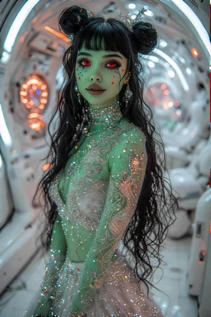 Space Girl Green Lovely Alien. A stunning green-skinned alien woman with big red eyes and black panda-style shadow makeup, smiling tenderly. She wears a silk luxury miniskirt adorned with diamonds, silver shoes, and stars glittering as makeup. Ethereal black hair in two buns flows behind her. In a futuristic white space room with sleek, minimal furniture contrasting her colorful presence. Plasma-glowing transparent skin reveals a shimmering dragon tattoo. Bright red drops sparkle like jewels on her skin. Free Walpaper.