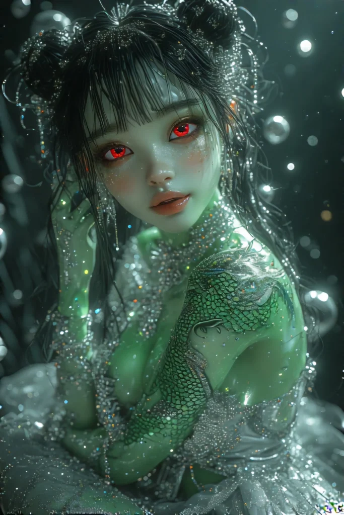Space Girl Green Lovely Alien. A stunning green-skinned alien woman with big red eyes and black panda-style shadow makeup, smiling tenderly. She wears a silk luxury miniskirt adorned with diamonds, silver shoes, and stars glittering as makeup. Ethereal black hair in two buns flows behind her. In a futuristic white space room with sleek, minimal furniture contrasting her colorful presence. Plasma-glowing transparent skin reveals a shimmering dragon tattoo. Bright red drops sparkle like jewels on her skin. Free Walpaper.