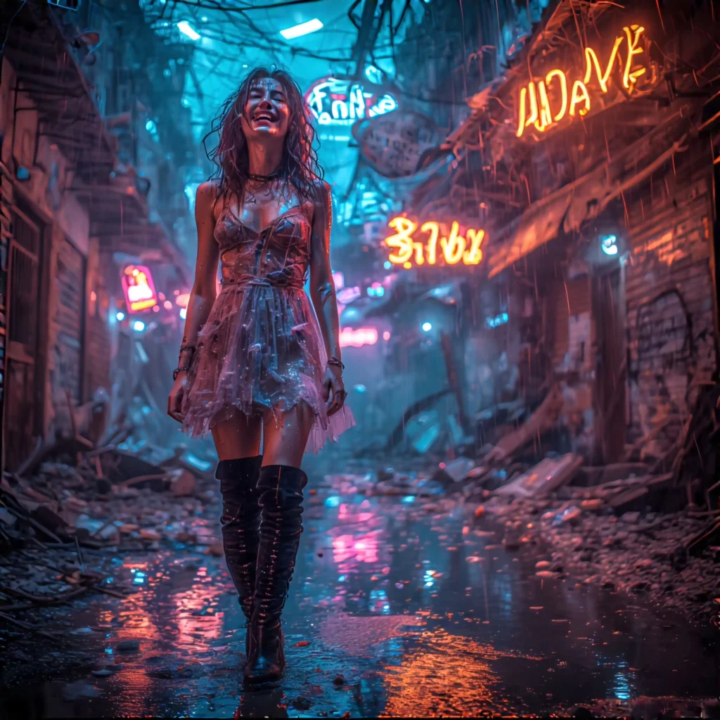A sultry apocalyptic siren standing in a flooded neon alley, laughing under acid rain. She wears velvet thigh-high boots and a torn translucent dress, revealing bio-augmented skin glowing softly. Behind her, everything is wrecked and wet — signs flicker, puddles reflect flames, and nothing lives but her. Her expression is wild, free, and dangerously playful. Mood: punk romantic, wet dystopia, seductive survivor
