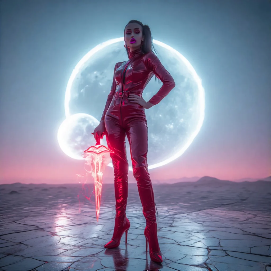 Dystopian Prophecies in 2025. A seductive cyberpunk woman standing under a silver, cloudless sky with two glowing neon suns. She wears crimson high heels and a skin-tight latex outfit. Her lips glisten like a weapon; her stance is confident, with one hand on her hip and the other holding a holographic dagger shaped like a kiss. Futuristic desert behind her with cracked chrome ground, surreal and dreamlike atmosphere. Style: sci-fi fantasy, ultra-detailed, soft glowing light.