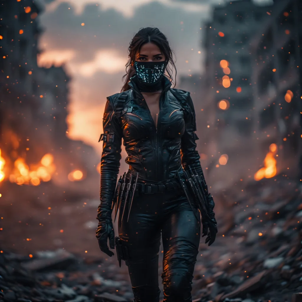 The towers burn in silent light. A dangerous and sexy female assassin walking through a destroyed metropolis at twilight. Burning towers reflect in her mirrored sunglasses. She wears a sleek black leather bodysuit with cutouts, thigh-high boots, and a utility belt full of glowing knives. Her face is partially hidden by a holographic mask. Ash falls like snow. Mood: cinematic, dark elegance, moody shadows, cyber-goth aesthetic.