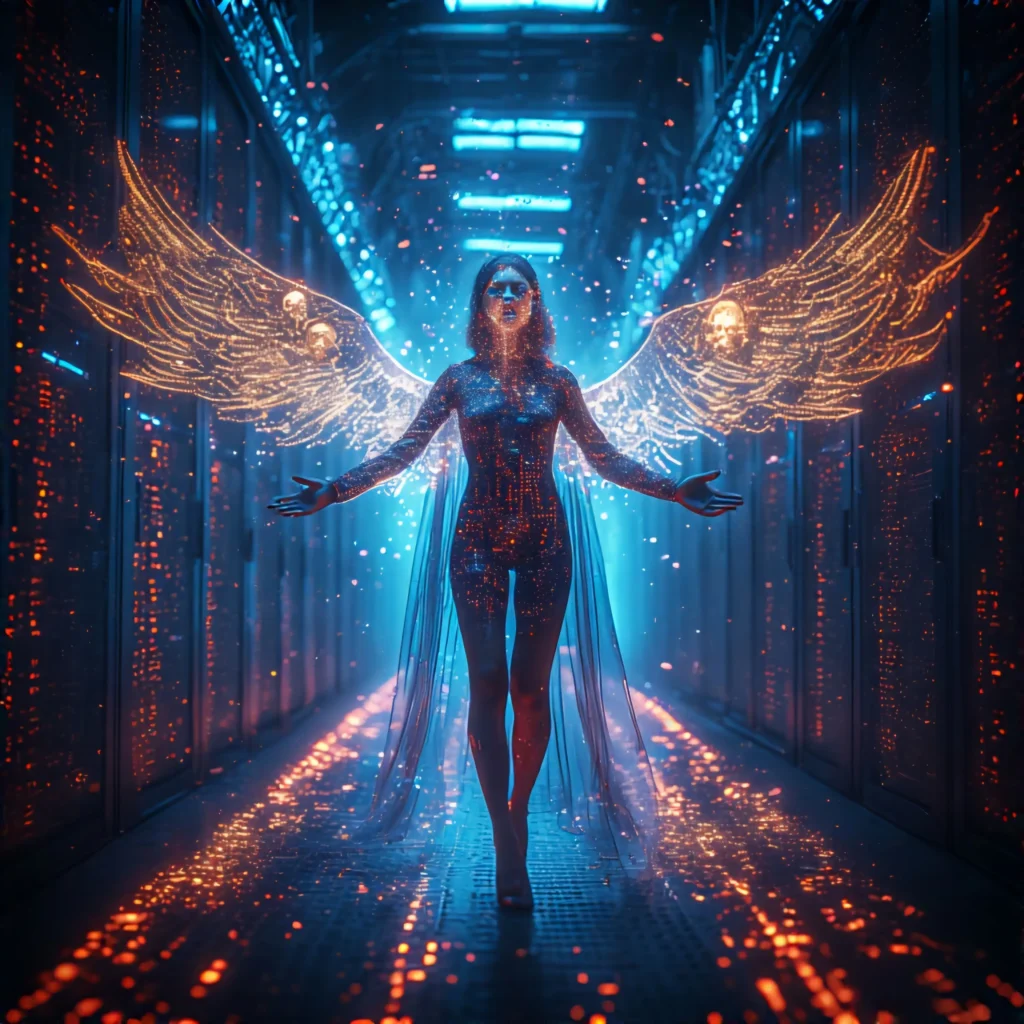 When gods upload their final sins. A powerful, mysterious woman in a cathedral-like server vault glowing with blue and red lights. Her lips emit glowing binary code as she speaks. She wears a transparent cloak over a holographic catsuit. Around her float digital skulls and golden circuits shaped like angel wings. Her walk leaves a trail of sparks. Vibe: divine tech goddess, futuristic mythology, luminous, symbolic.