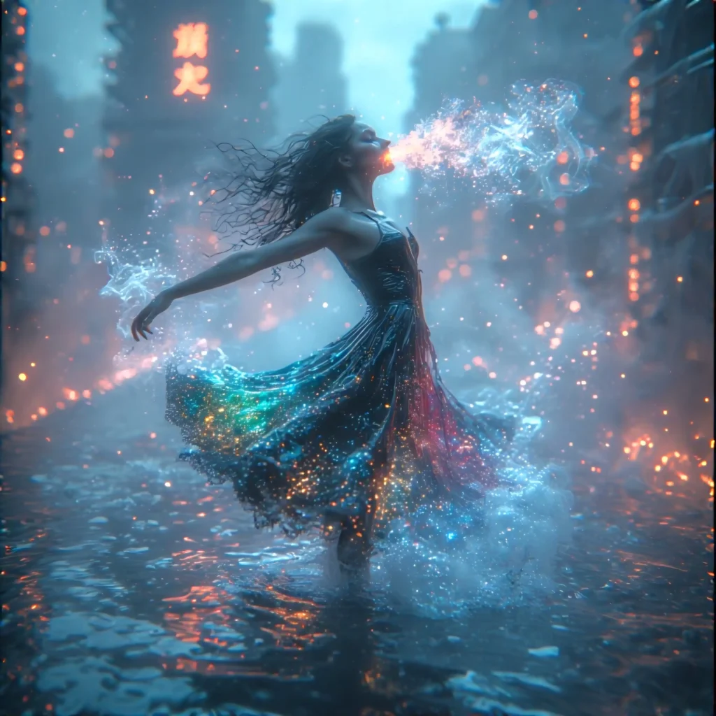 Where cities drown beneath perfume. A seductive hacker-dancer on a submerged cybernetic city rooftop. Mist made of fragrant vapor surrounds her. She wears a fluid latex dress that shifts colors with light. Her breath distorts reality like a glitch, and her eyes spark with storm energy. She's mid-dance, arms extended as digital spirits swirl around her. Style: dreamy dystopia, glitch art meets noir, poetic sensuality.