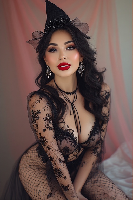 Sexy Witch with fishnets and a teasing grin