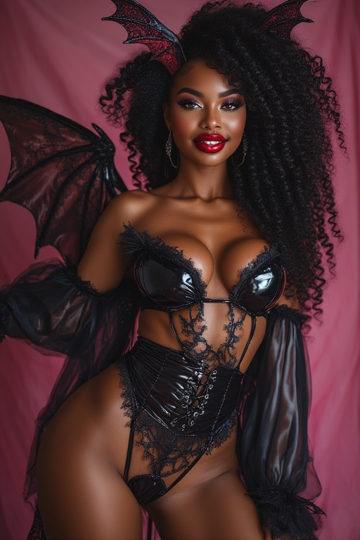Succubus in latex and shadowy wings.