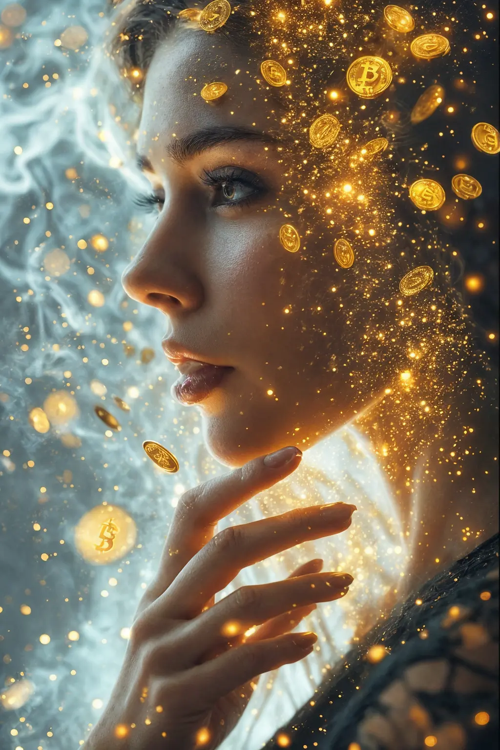 A stunning, seductive woman with a passionate gaze, her silhouette partially obscured by digital smoke or data streams. She's reaching out towards a shower of falling golden coins or glowing crypto symbols that are dissolving into a dark, abstract background, symbolizing the market dip. Her expression is a mix of concern and intrigue, almost as if she’s contemplating whether to catch the falling assets or let them go. Her attire is elegant and minimalist, suggesting power and intelligence. The lighting is dramatic, with sharp contrasts between light and shadow. Style: Erotic digital art, neo-noir, high contrast, golden accents, conceptual. Perfect manicured hands.
