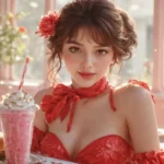 1970s Costumes. Beautiful woman, red lips in 1970s cafeteria, milk shake, hamburger at table