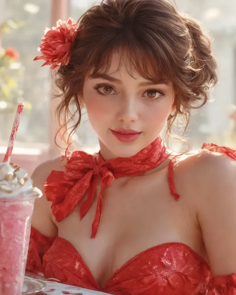 1970s Costumes. Beautiful woman, red lips in 1970s cafeteria, milk shake, hamburger at table