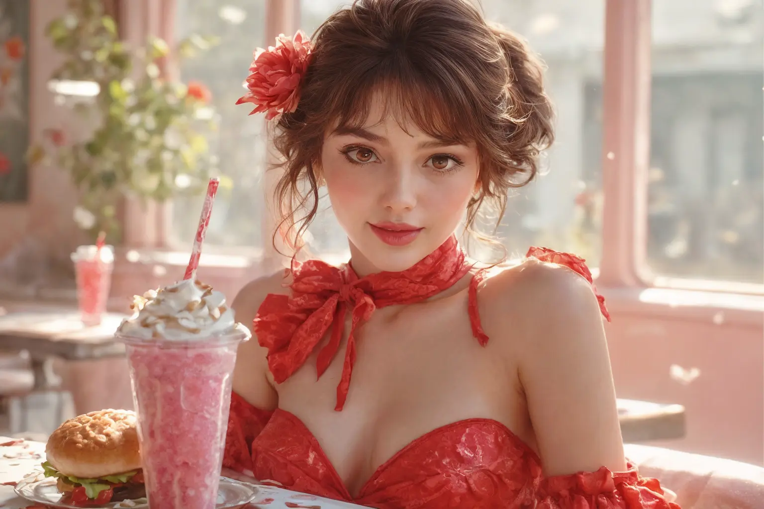 1970s Costumes. Beautiful woman, red lips in 1970s cafeteria, milk shake, hamburger at table