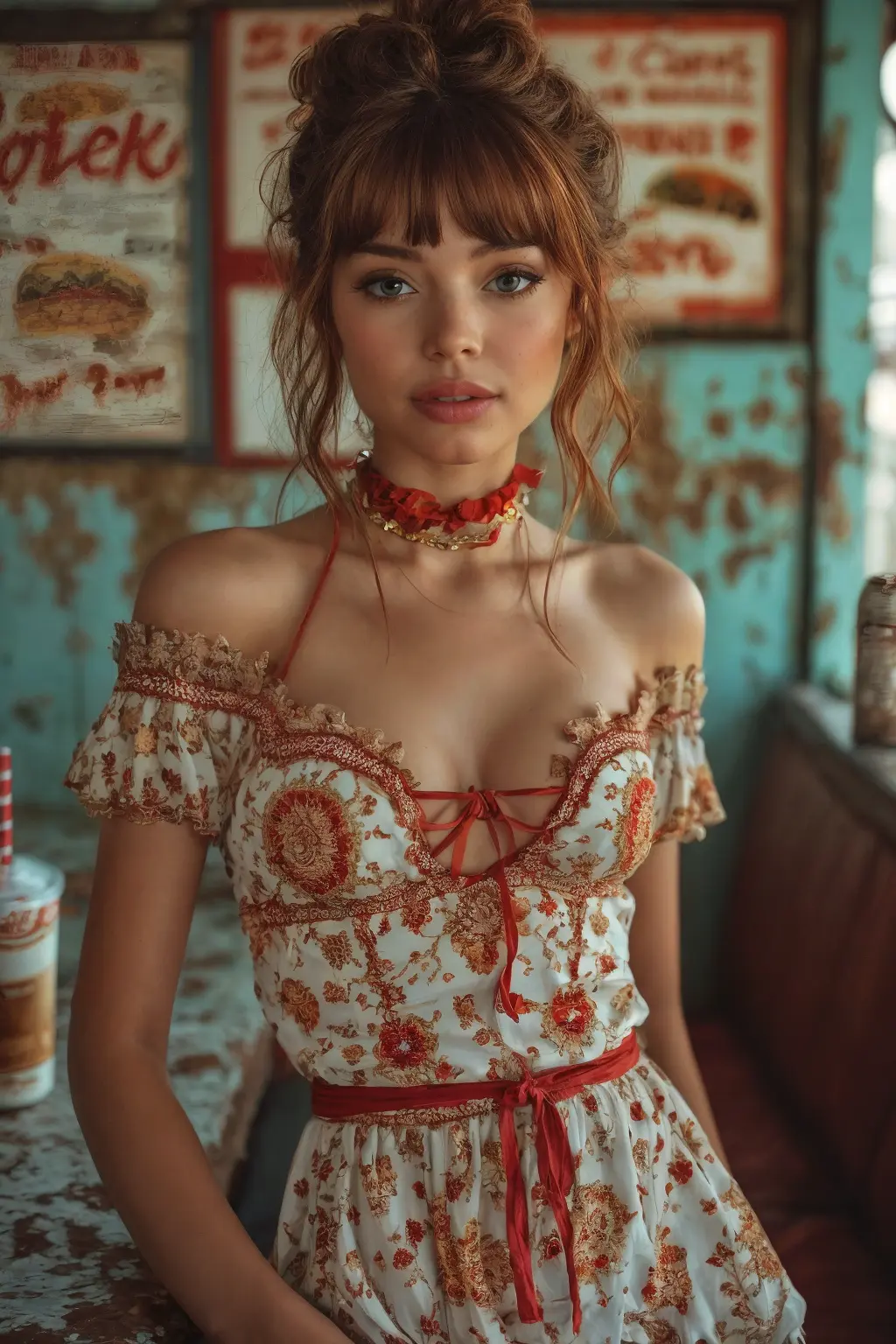 1970s Costumes. Beautiful woman, red lips in 1970s cafeteria, milk shake, hamburger at table
